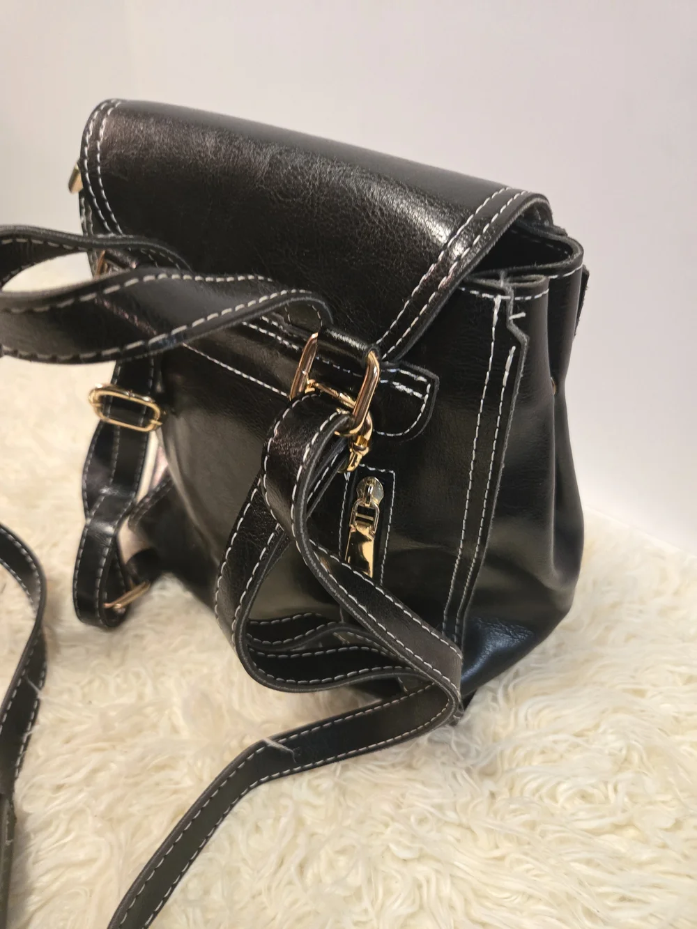 VEGAN Black Leather Crossbody Bag with Contrast Stitching